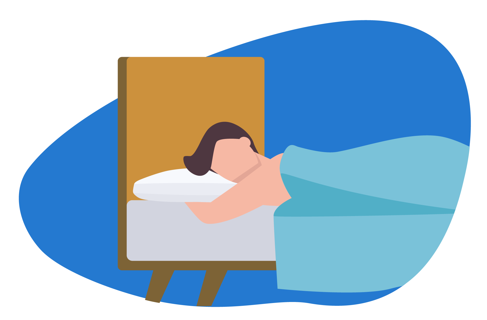 Ilustração de uma pessoa deitada de bruços no colchão, utilizando uma almofada baixa.